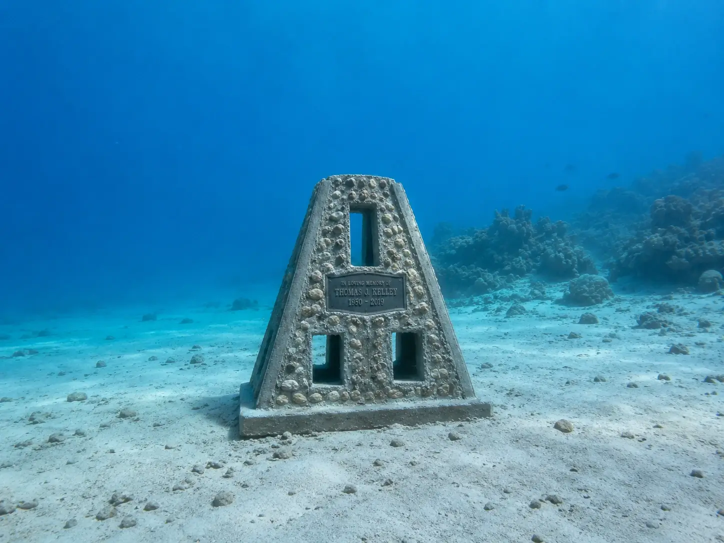 The Constellation Family Reef, a pyramid memorial reef with a personalized plaque on the sandy seafloor.